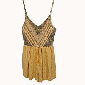 Boho Summer Comfy Casual Mini Dress Romper Yellow Mustard Paisley Strapy Women M